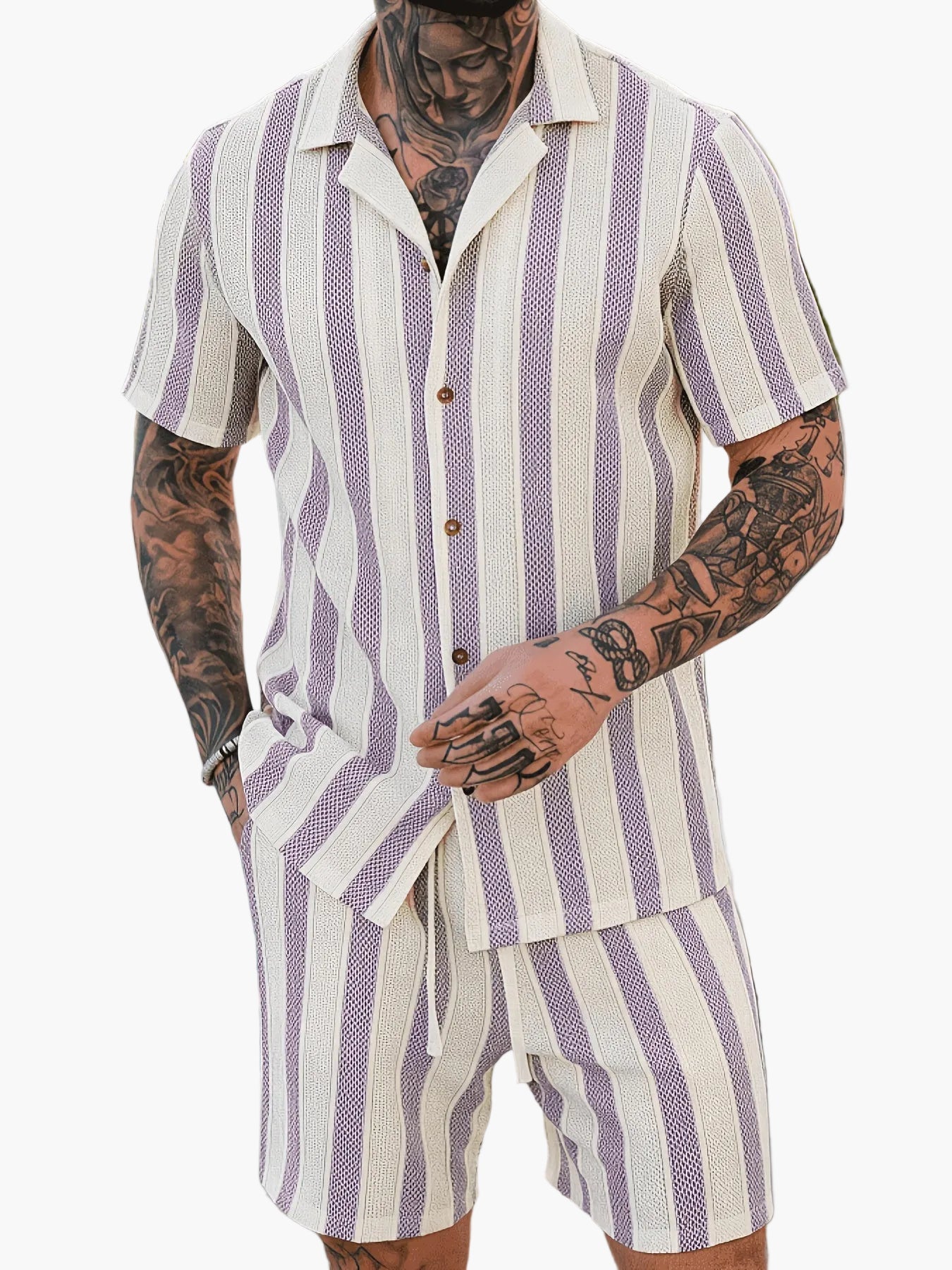 Herren Set Kurzarmhemd und Shorts im lässigen Streifen-Design für Sommer und Freizeit