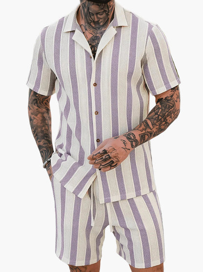 Herren Set Kurzarmhemd und Shorts im lässigen Streifen-Design für Sommer und Freizeit