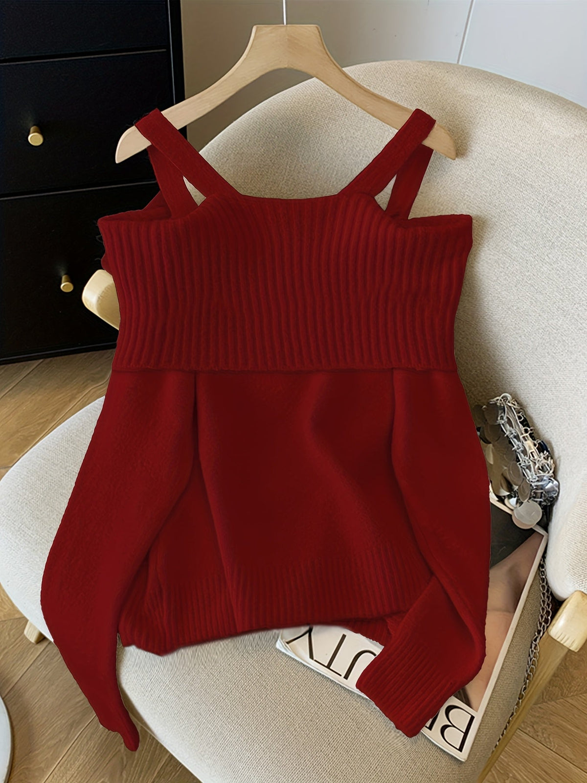 Damen Strickpullover Carmen-Ausschnitt mit Schleife und Herzknöpfen