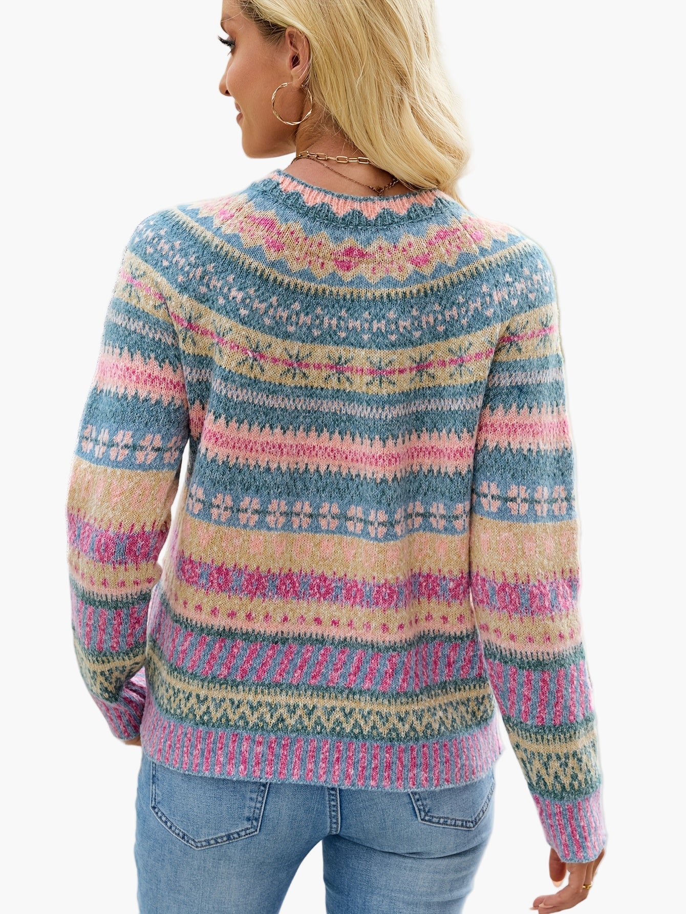 Damen Pullover Eleganter Strick Fair Isle Muster Herbst Winter Freizeit