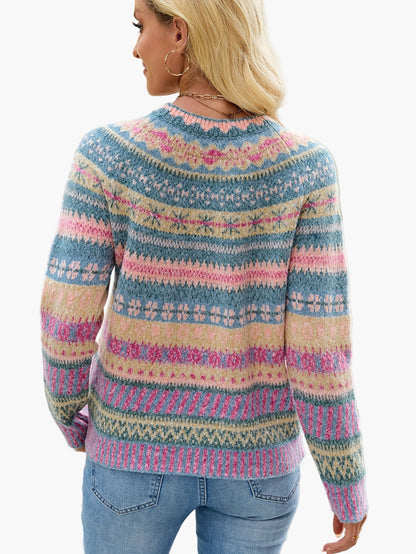 Damen Pullover Eleganter Strick Fair Isle Muster Herbst Winter Freizeit