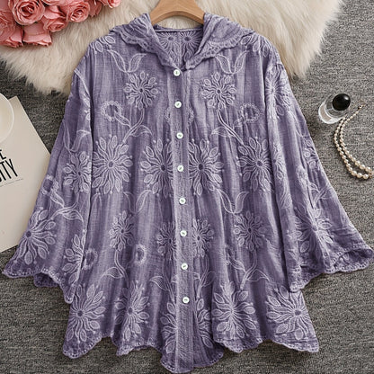 Damen Bluse Langarm mit Kapuze, Besticktes Blumenmuster, Knopfleiste