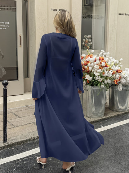 Damen Eleganter Langer Strand Kimono mit Rüschen und Offenem Schnitt – Stilvolle Überwurfjacke für Urlaub und Freizeit