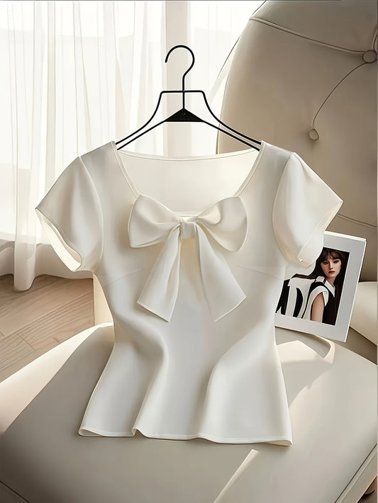 Damen Bluse mit Schleife und kurzen Ärmeln – Elegante feminine Mode für Büro und Freizeit