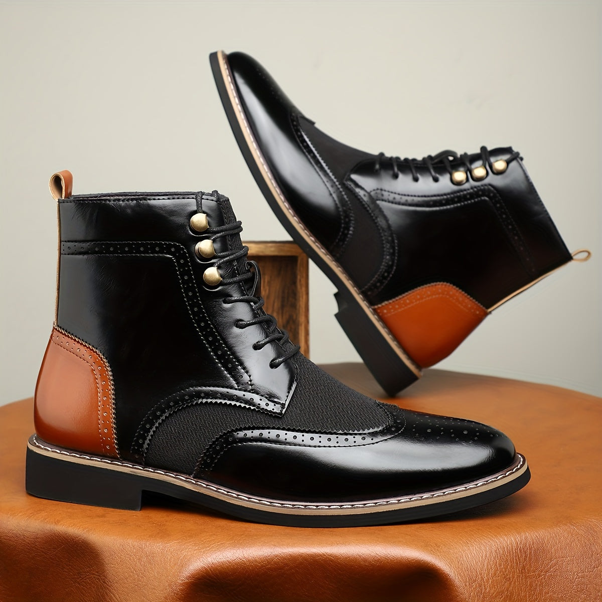 Herren Schnürstiefelette Brogue-Stil Zweifarbig mit Lochmuster