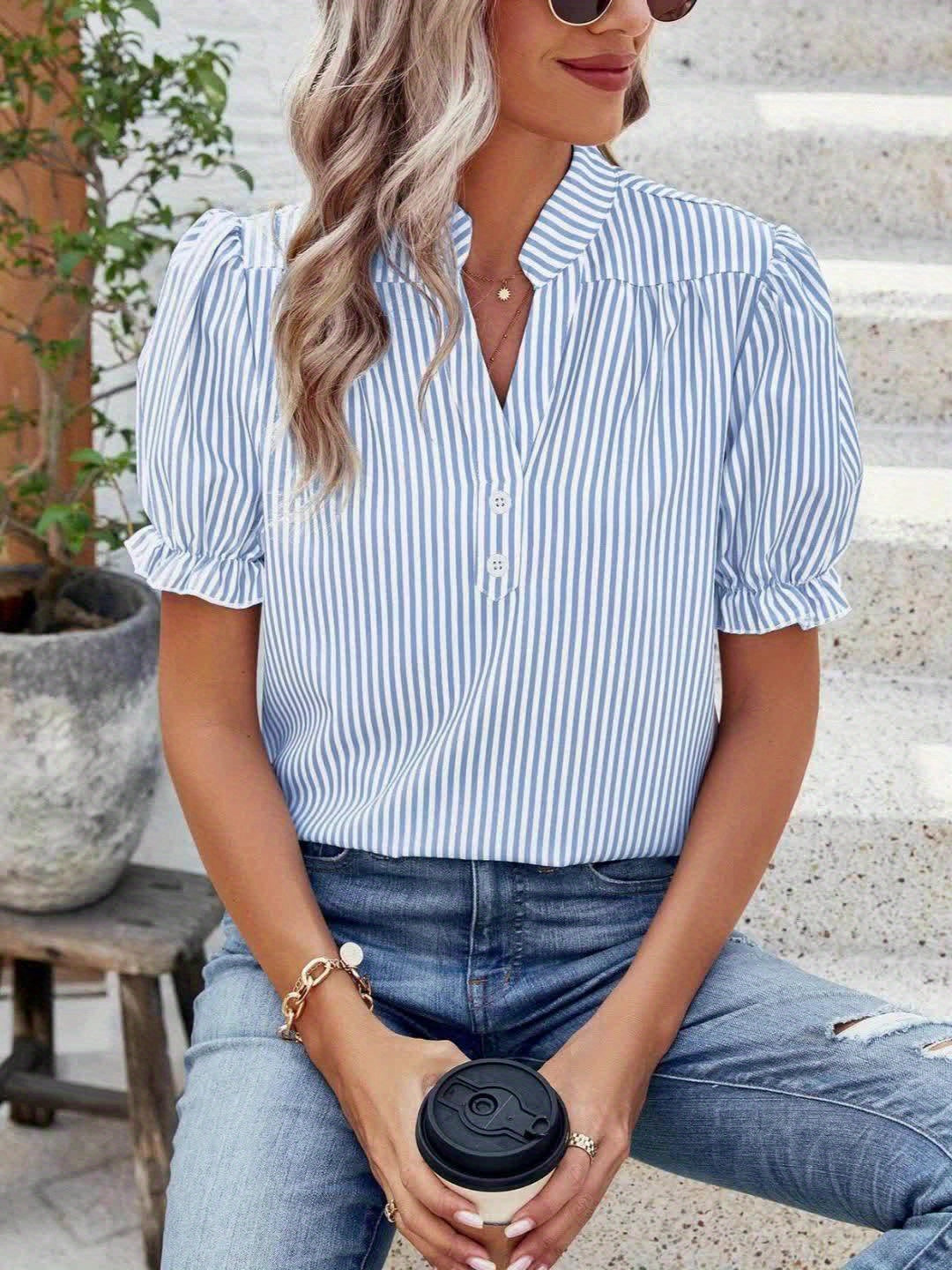 Damen Streifenbluse mit Puffärmeln und Stehkragen – Eleganter Freizeitstil für Büro und Alltag