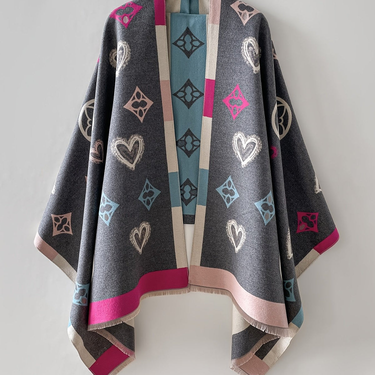 Damen Poncho mit Herz- und Muster-Print, Weicher Umhang mit Fransen, Einheitsgröße