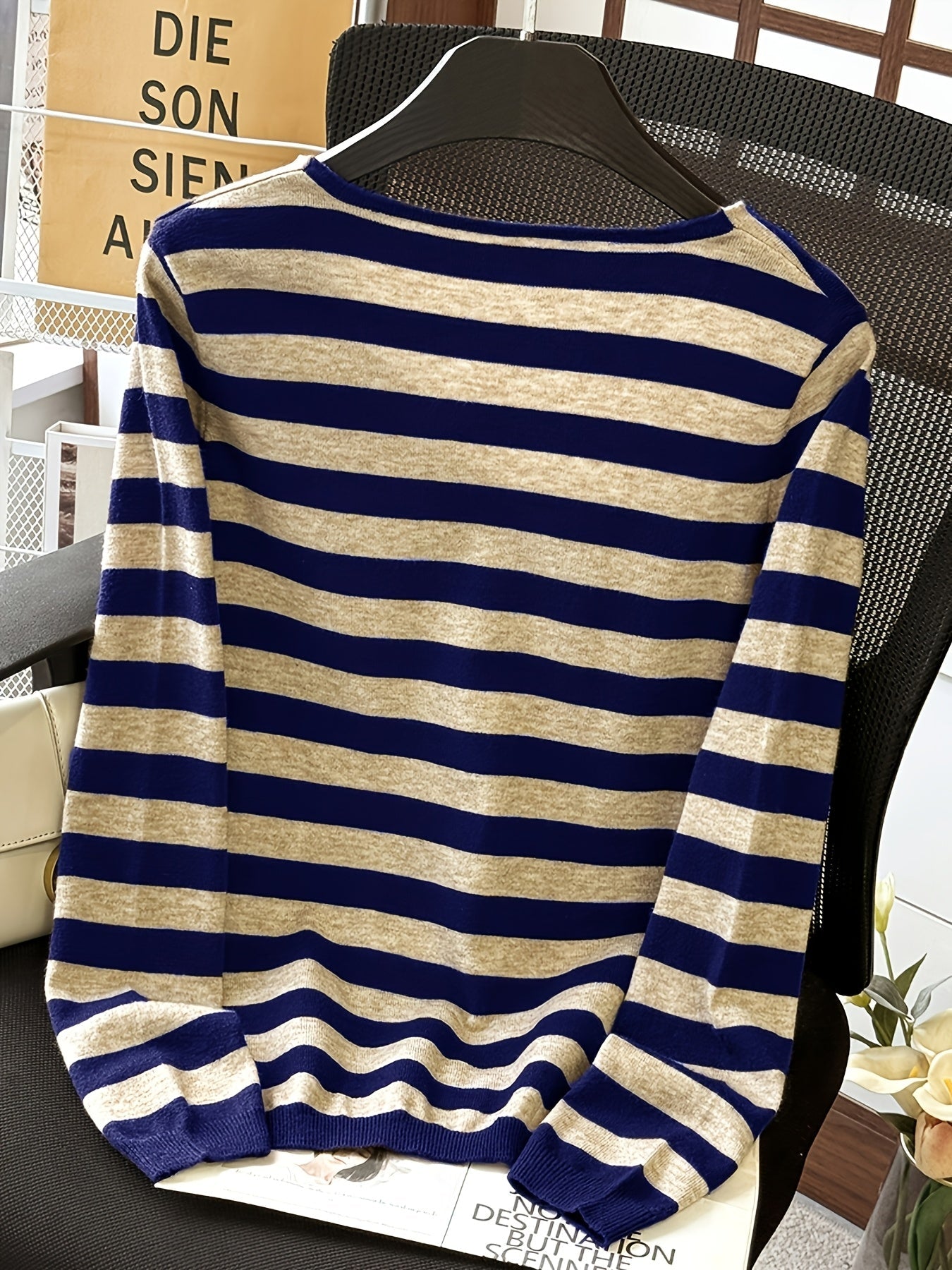 Damen Pullover V-Ausschnitt Gestreift Beige Marineblau Langarm