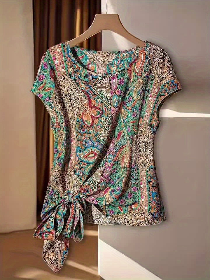 Damen Bluse mit Boho-Muster und asymmetrischem Knoten – Lässiger Sommer-Style