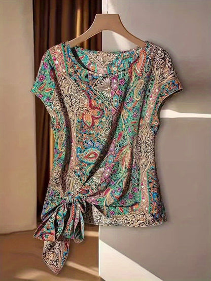 Damen Bluse mit Boho-Muster und asymmetrischem Knoten – Lässiger Sommer-Style
