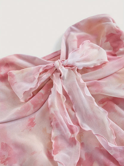 Damen Bandeau-Top mit Schleifen-Detail und abstraktem Muster – Modisches Party- und Ausgeh-Oberteil