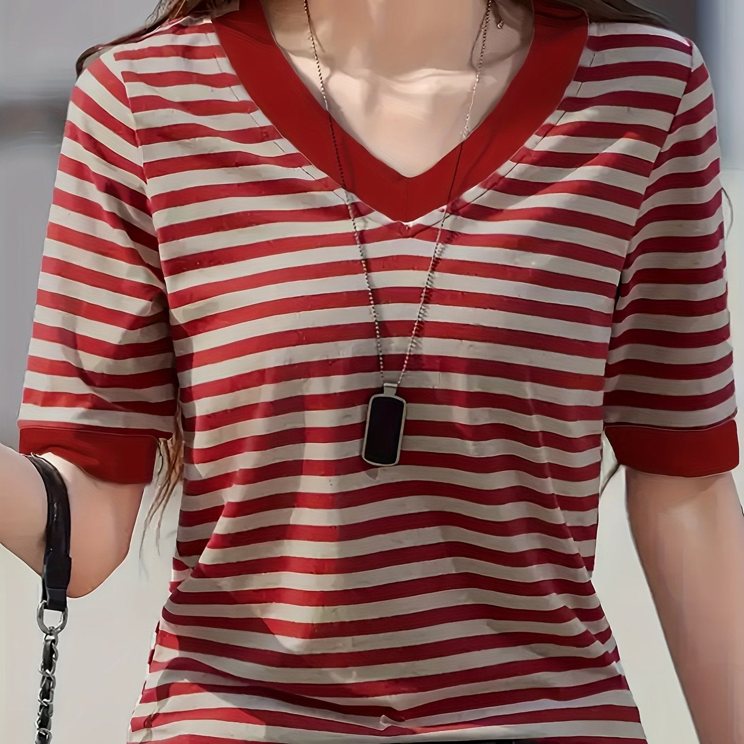 Damen Streifen T-Shirt mit V-Ausschnitt, Kurzarm, Modischer Freizeitstil