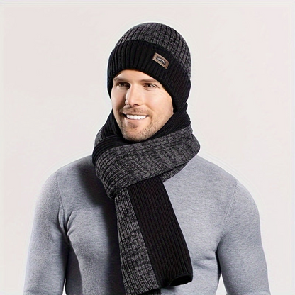 Unisex Wintermütze Schal Handschuhe Set, Gestrickt mit Innenfutter, Grau Melange