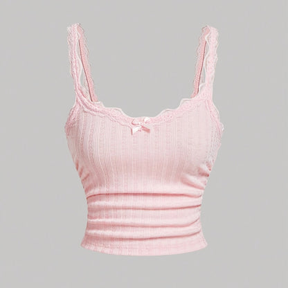 Damen Coquette Camisole Top mit Spitze und Schleife – Feminines Vintage-Look Oberteil