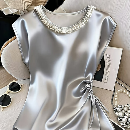 Damen Elegante Bluse mit Perlenkragen und Raffungsdetail – Stilvolles Kurzarm-Oberteil für festliche Anlässe oder Büro