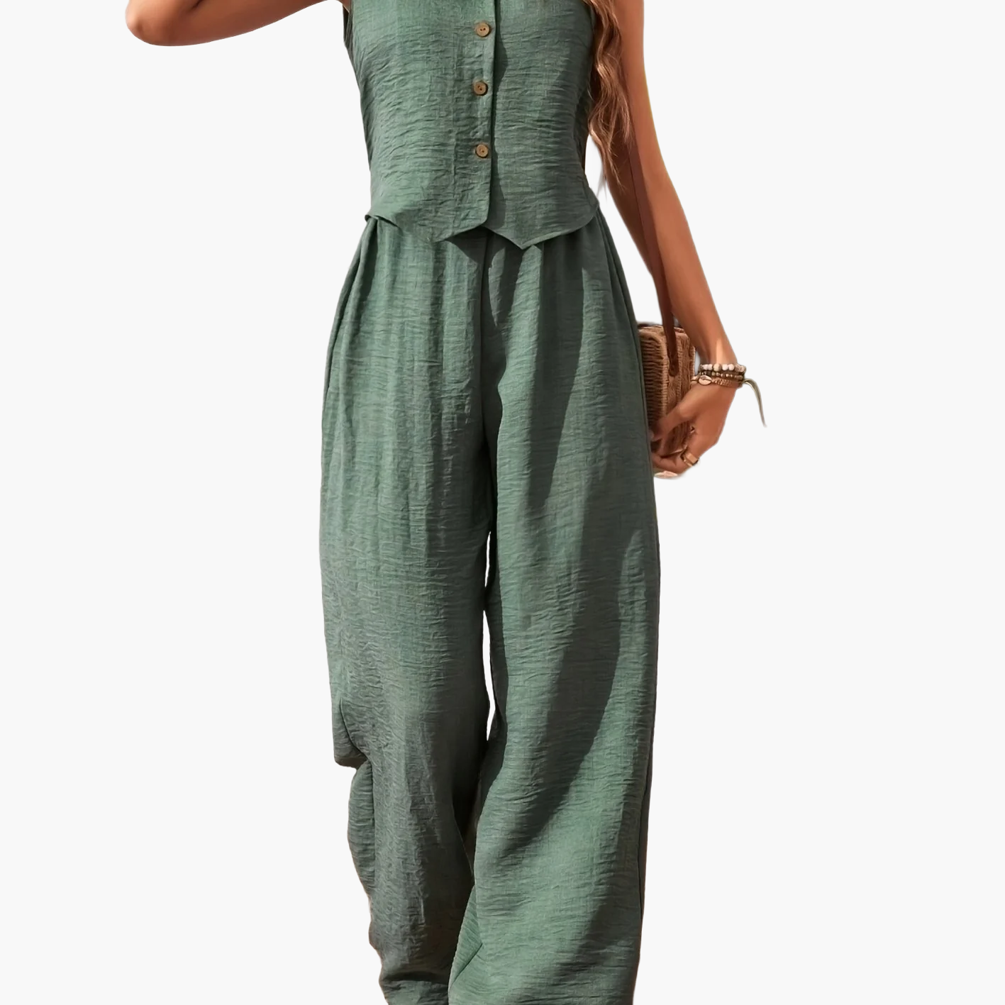Damen Zweiteiler Jumpsuit mit Weste und Knopfleiste – Eleganter Sommeranzug für Alltag und Urlaub