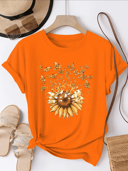 Damen T-Shirt mit Sonnenblume und Schmetterlingen – Casual Sommer Oberteil, Modisches Print-Shirt