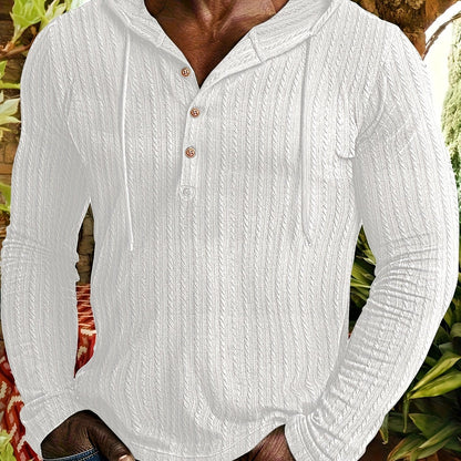 Herren Hoodie Langarmshirt gerippt mit Knopfleiste & Kapuze