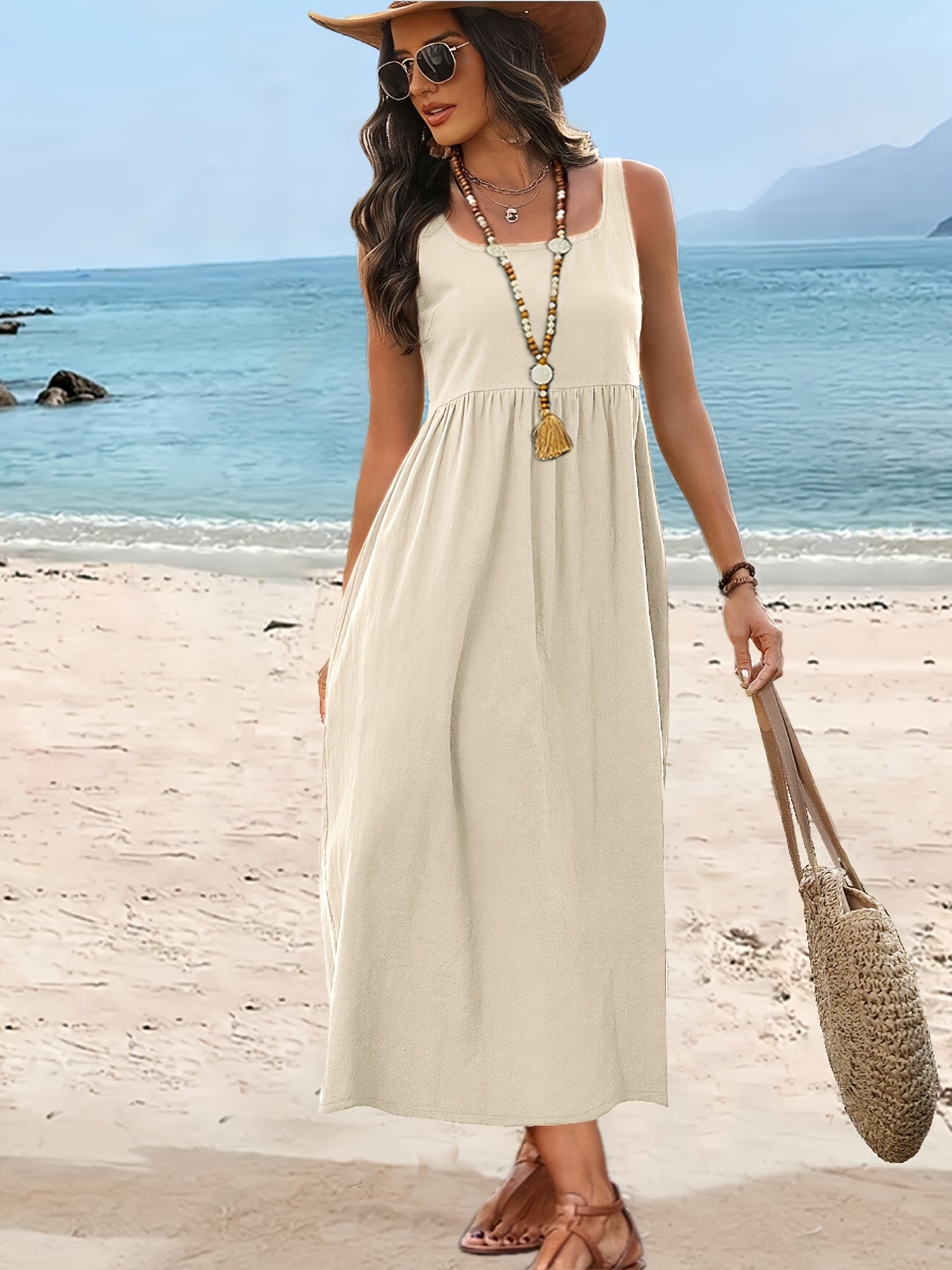 Damen Sommerkleid Midi Fit & Flare – Ärmellos, Freizeit & Urlaub, Boho-Stil