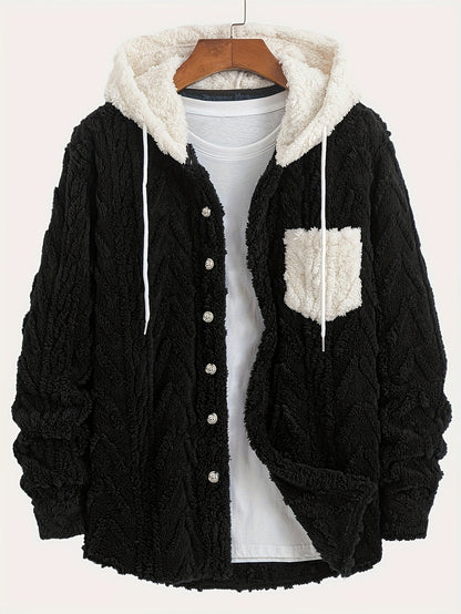Herren Plüschjacke mit Kapuze, Knopfverschluss und Brusttasche – Marineblau