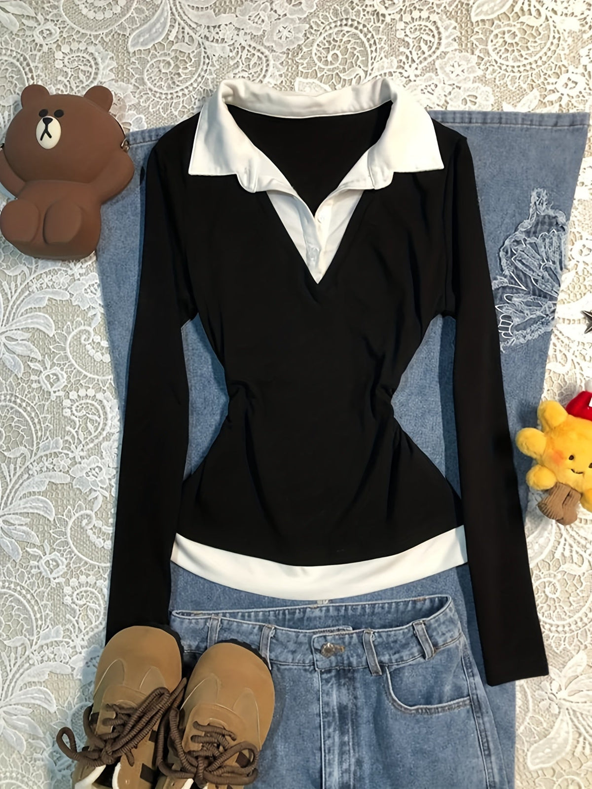 Damen Langarmshirt Schwarz Weiß mit Kragen