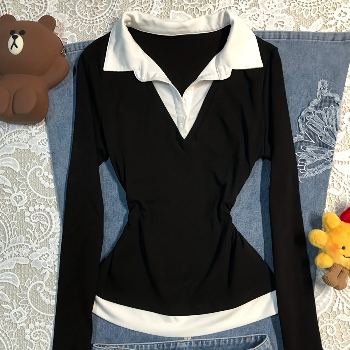 Damen Langarmshirt Schwarz Weiß mit Kragen