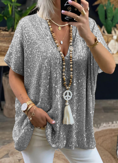Damen Pailletten Tunika mit V-Ausschnitt – Glitzerndes Oversize-Shirt für festliche Anlässe