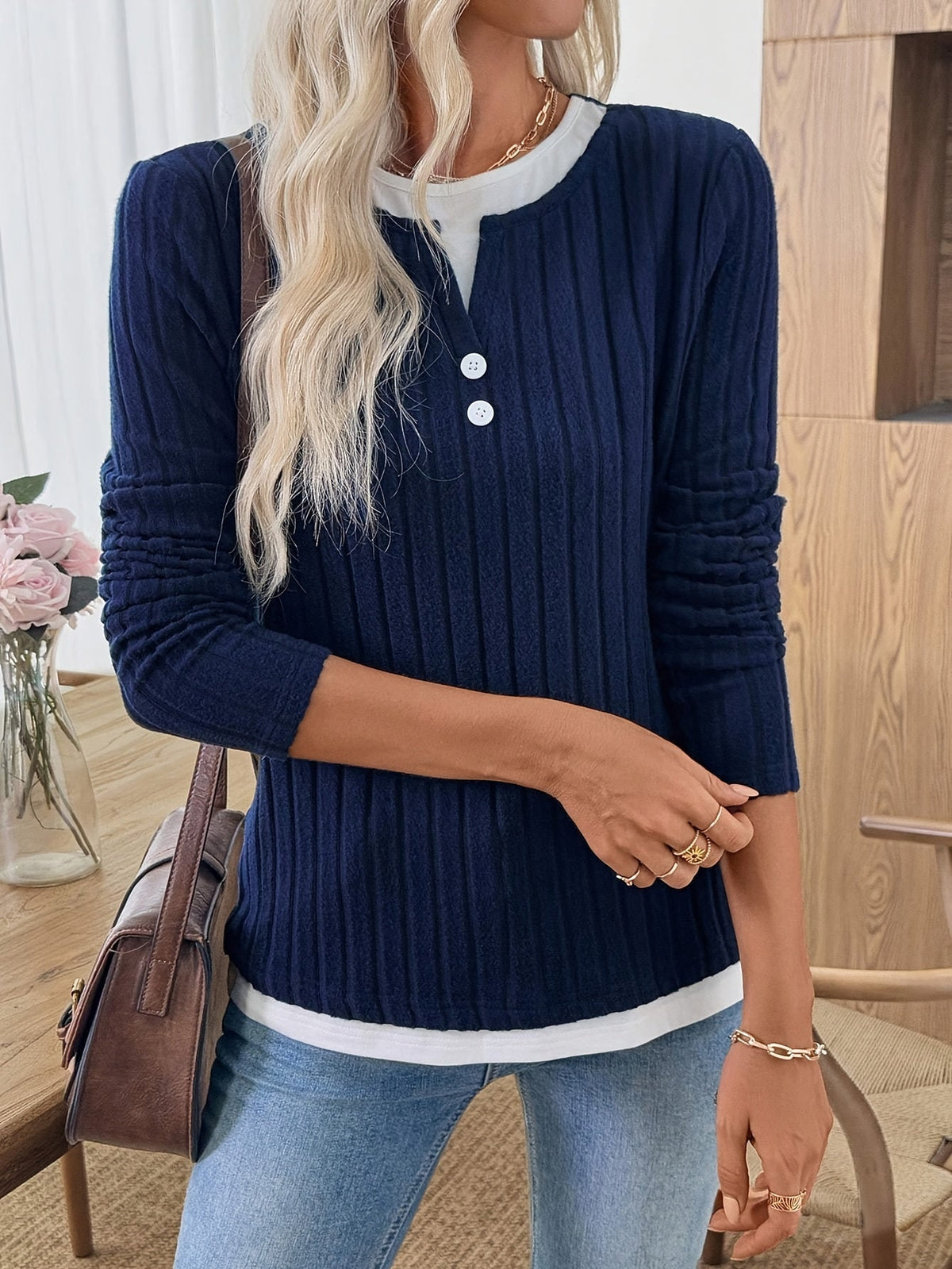 Damen Henley-Shirt Langarm Rippstrick Marineblau mit Knopfleiste