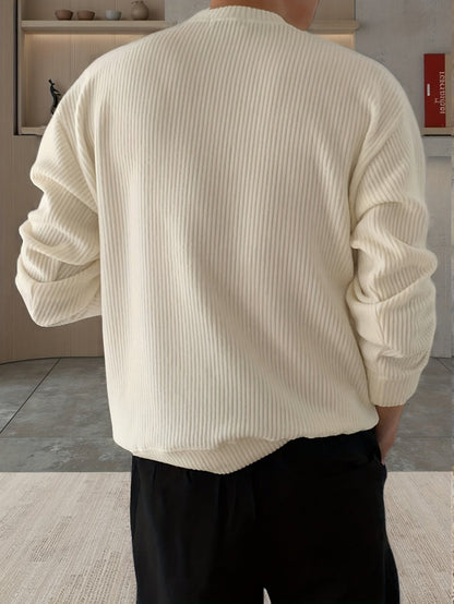 Gerippter Pullover Langarm Rundhalsausschnitt Freizeit Sweater für Herren – Weich & Bequem