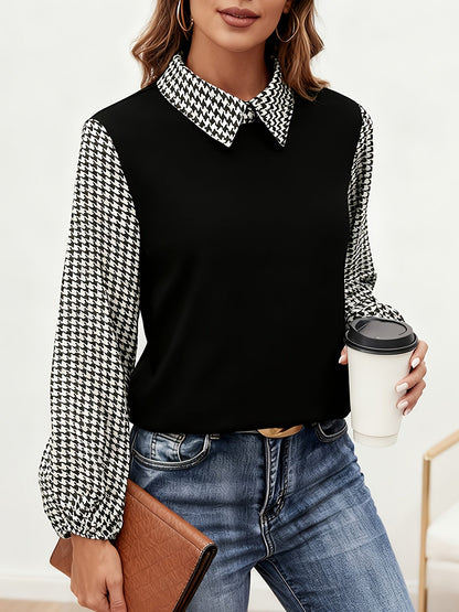 Damen Bluse Schwarz mit Hahnentrittärmeln und Kragen Ballonärmel