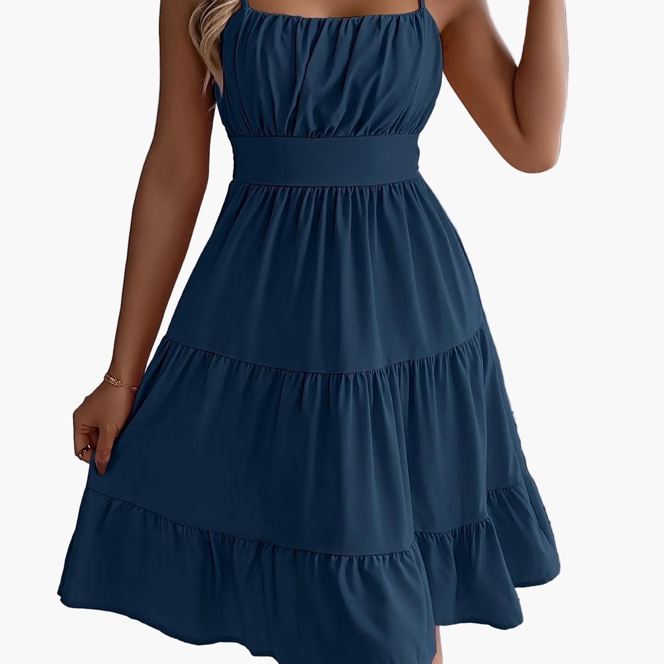 Damen Sommerkleid mit Spaghettiträgern und Stufenrock – Elegantes Freizeit- und Urlaubskleid