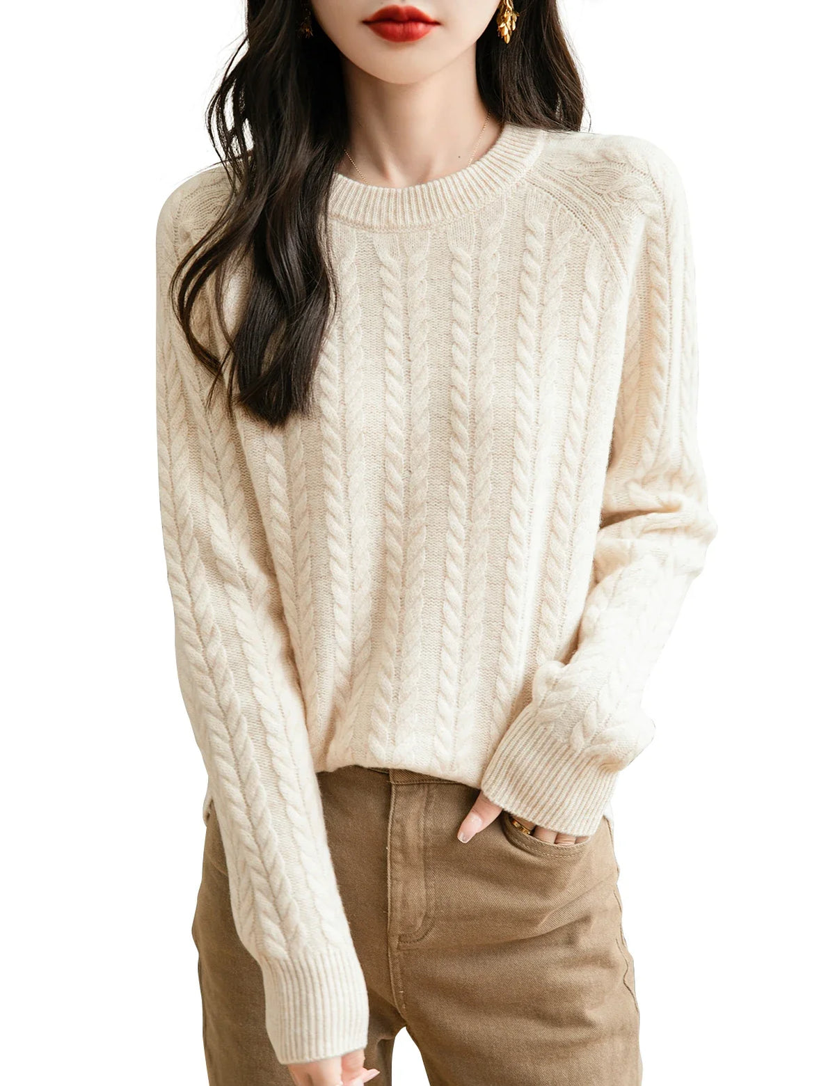 Damen Zopfstrick Pullover Rundhals Langarm Freizeit Strickpullover