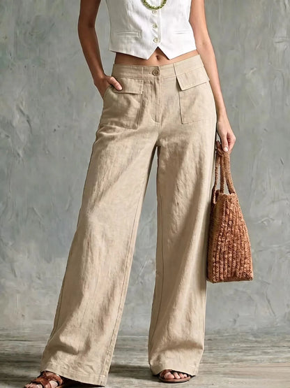 Damen Weite Hose mit Seitentaschen – Leinen-Optik