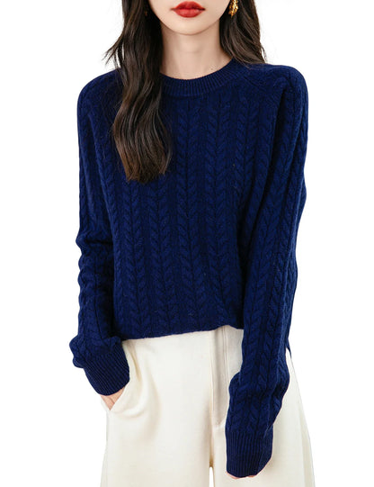 Damen Zopfstrick Pullover Rundhals Langarm Freizeit Strickpullover