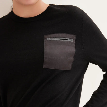 Damen Langarmshirt Rundhals mit Brusttasche Schwarz