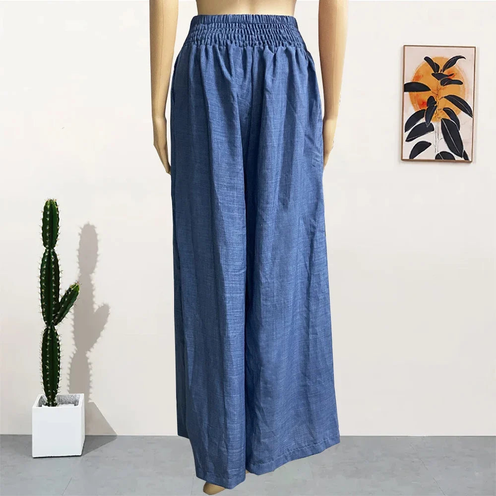 Damen Weite Hose High Waist Palazzo Stretch mit Gürteloptik