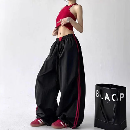 Damen Weite Hose Schwarz mit Seitenstreifen Freizeit Loose Fit