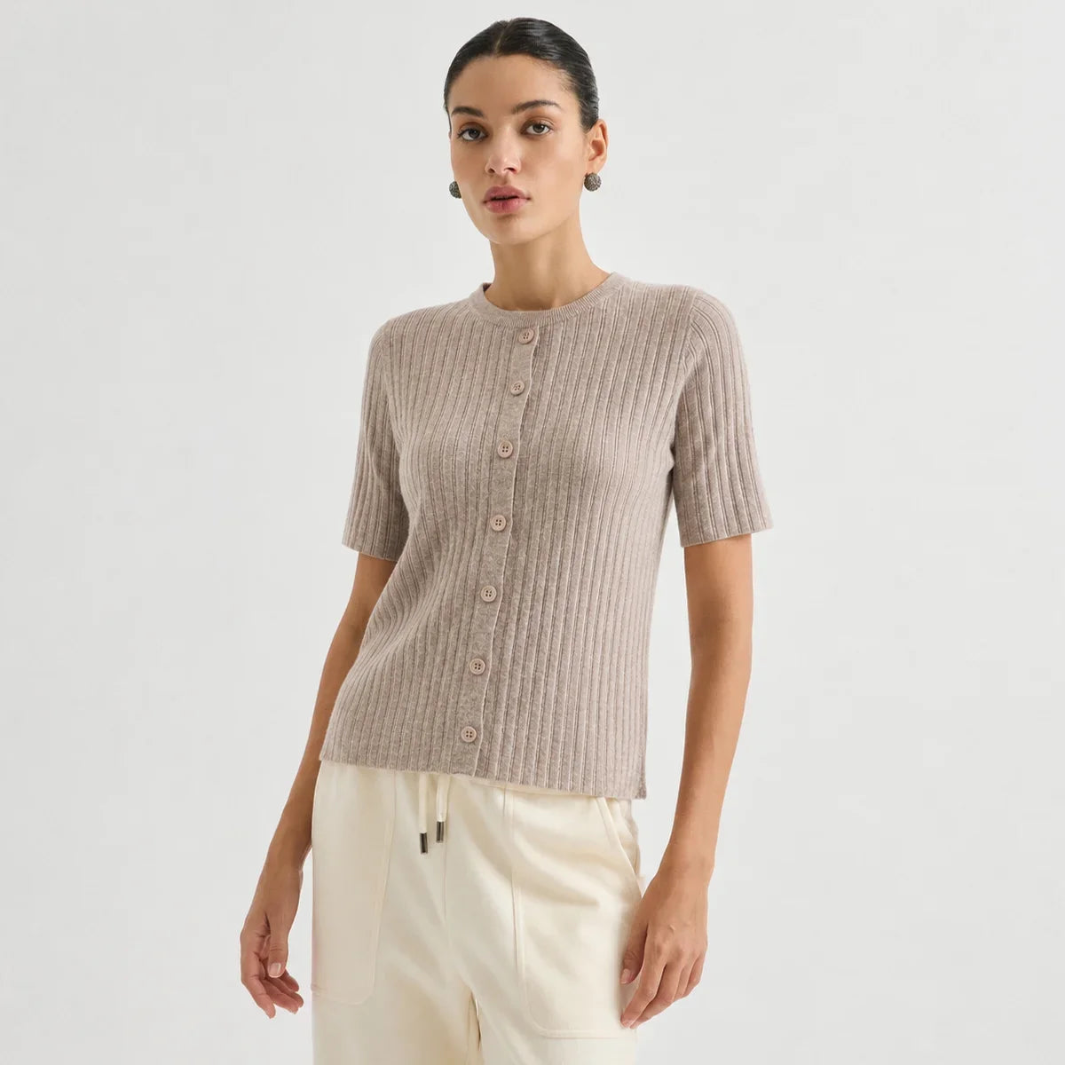 Damen Kurzarm Strickjacke Gerippt mit Knöpfen