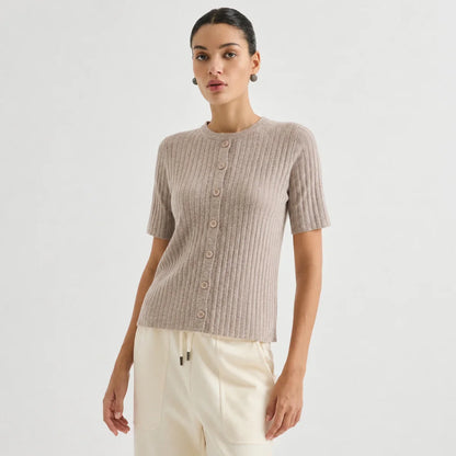 Damen Kurzarm Strickjacke Gerippt mit Knöpfen