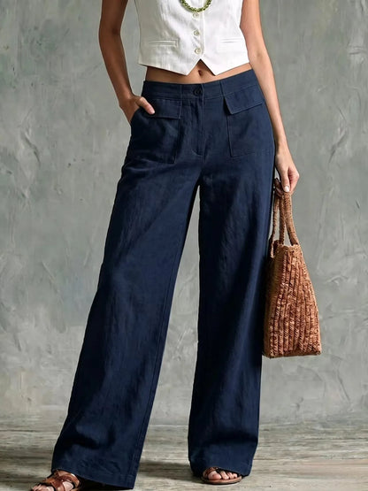 Damen Weite Hose mit Seitentaschen – Leinen-Optik