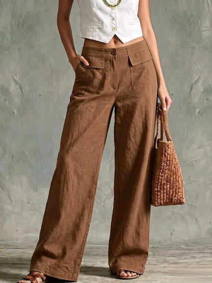 Damen Weite Hose mit Seitentaschen – Leinen-Optik