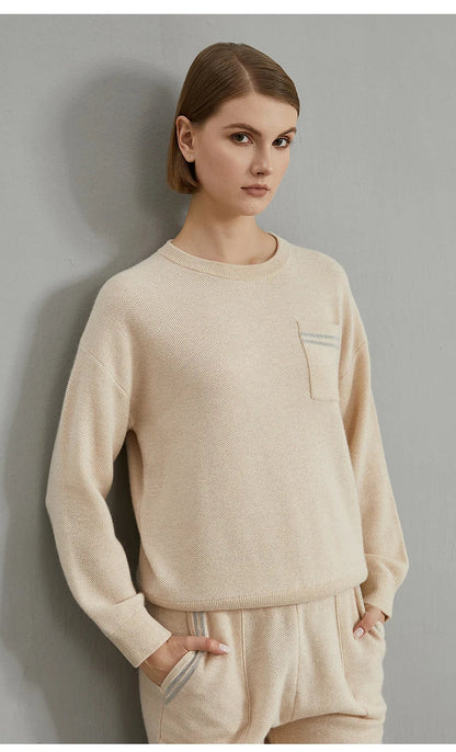 Damen Rundhals Pullover mit Brusttasche & Streifen – Grau