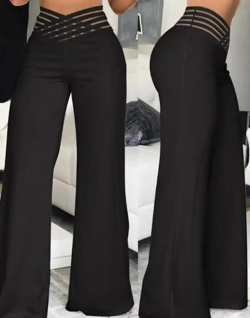 Damen Weite Hose High Waist Palazzo Stretch mit Gürteloptik