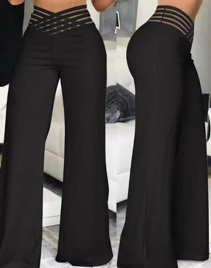 Damen Weite Hose High Waist Palazzo Stretch mit Gürteloptik
