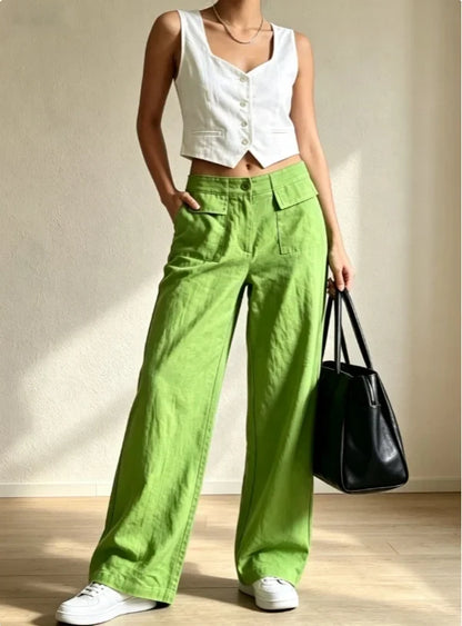 Damen Weite Hose mit Seitentaschen – Leinen-Optik