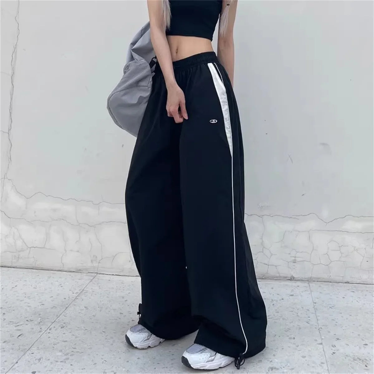 Damen Weite Hose Schwarz mit Seitenstreifen Freizeit Loose Fit