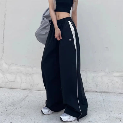Damen Weite Hose Schwarz mit Seitenstreifen Freizeit Loose Fit