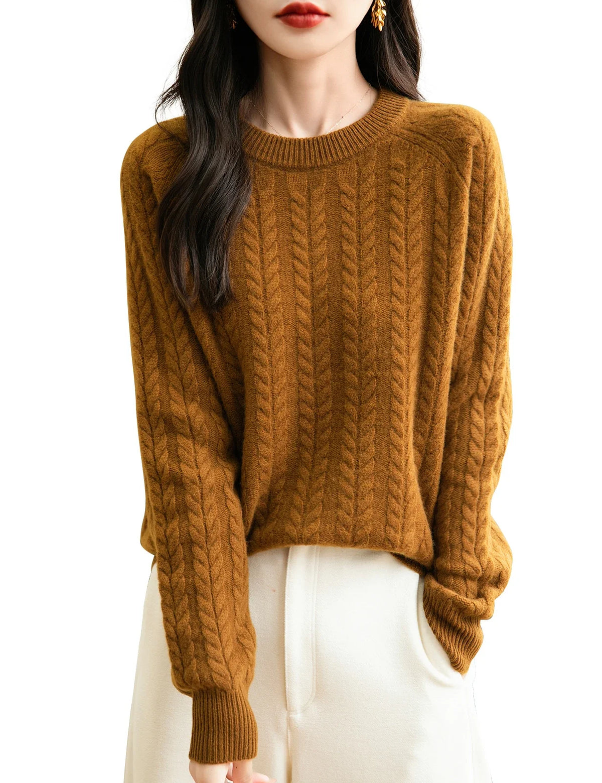 Damen Zopfstrick Pullover Rundhals Langarm Freizeit Strickpullover