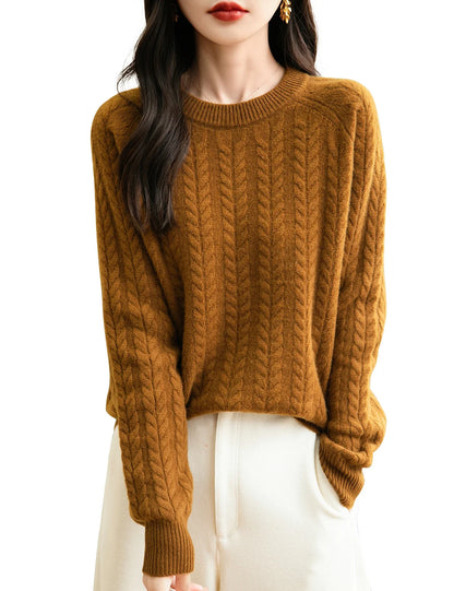 Damen Zopfstrick Pullover Rundhals Langarm Freizeit Strickpullover