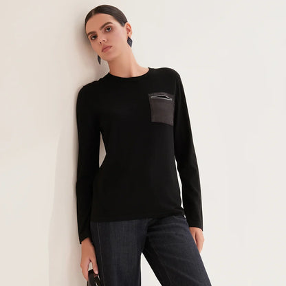 Damen Langarmshirt Rundhals mit Brusttasche Schwarz